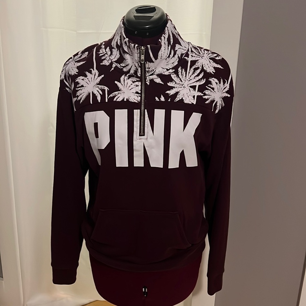 PINK Victoria’s Secret 1/4 Zip Burgundy Palm Tree Hoodie, Women’s/Juniors XS